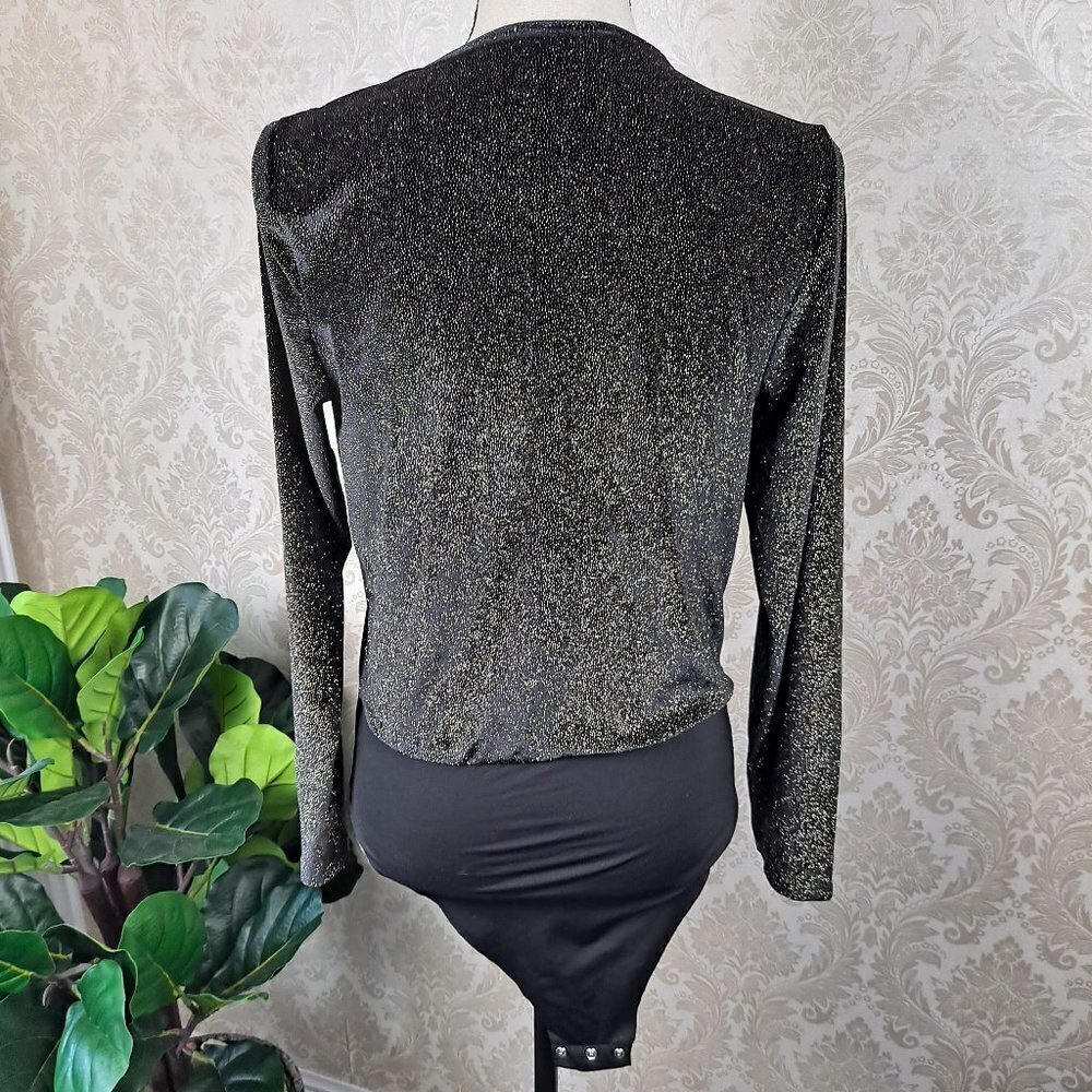 Zara Accessories Size Small Black and Gold Sparkle Bodysuit Wrap Front EUC - Picture 5 of 11
